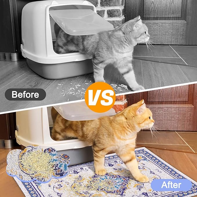 Glittme Cat Litter Mat with Non-Slip Bottom Litter Box Mat 47"X35" Litter Trapping Mat Easy to Clean Washable Cat Food Mat for Kitty,XXL