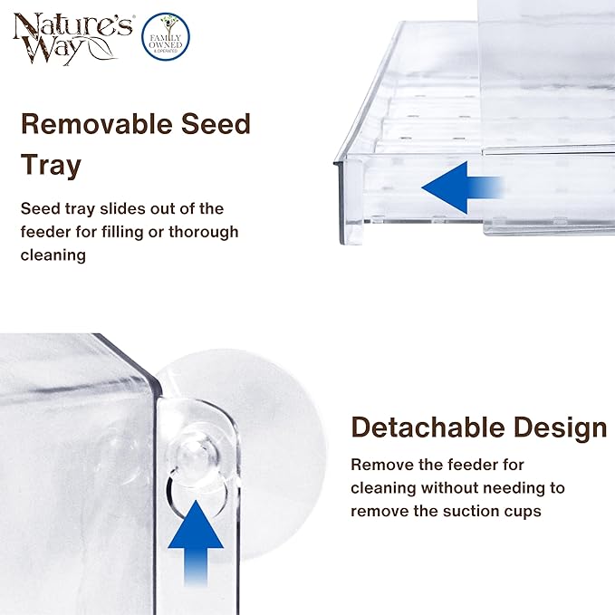 Nature's Way Win-3 Clear View Window Bird Feeder with Strong Suction Cups, Transparent Outdoor Wild Bird Seed Feeder and Décor, 2 Cup Capacity, Clear, 6.5"