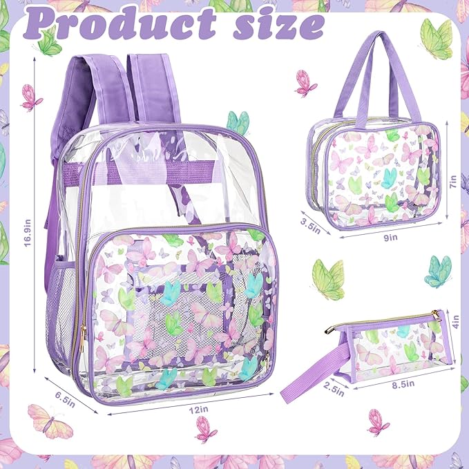 Kacctyen 3 Pcs Clear Backpack Heavy Duty Clear Stadium Bag Transparent Backpack with Lunch Bag(Purple,Butterfly)