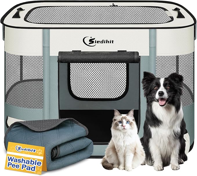 Dog Playpen,Cat Pet Puppy Pen,Portable Playpens for Dogs Indoor Outdoor Travel Camping Use,Foldable Dog Kennel Tent Crate for Rabbit Small Animals with Carrying Case (Grey with Pad, Medium)