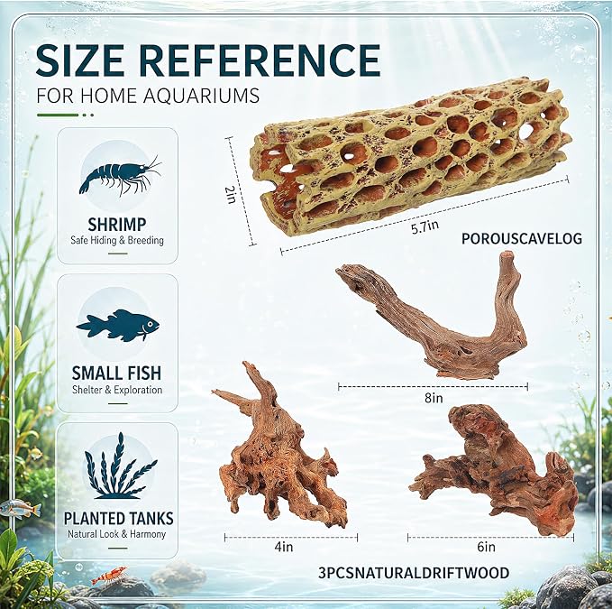 Layhit 6 Pcs Aquarium Driftwood and Cholla Wood, Fish Shrimp Tank Decor | 4-9" Natural Driftwood for Aquarium Decor, 2" x 5.7" Shrimp Hides Resin Cholla Wood, Reptile Hermit Crab Tank Accessories