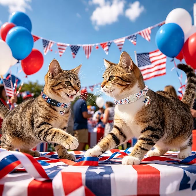 2 Pack Independence Kitten Collar Breakaway with Bell, Adjustable Safety Striped Star Flag Cat Cotton Collar for Girl Boy Cat and Small Pet，Adjustable Kitten Collar 7-12 Inch