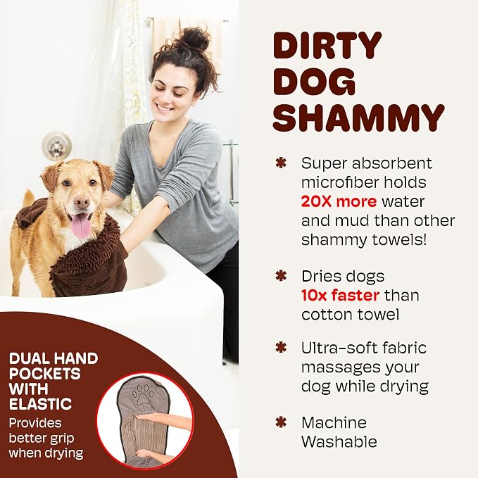 Dog Gone Smart The Dirty Dog Shammy - Antimicrobial Microfiber Dog Towel for Odor Control, Fast-Drying Plush, Dual Hand Pockets & Elastic, Super Absorbent, Machine Washable, 31 x 13 in, Brown