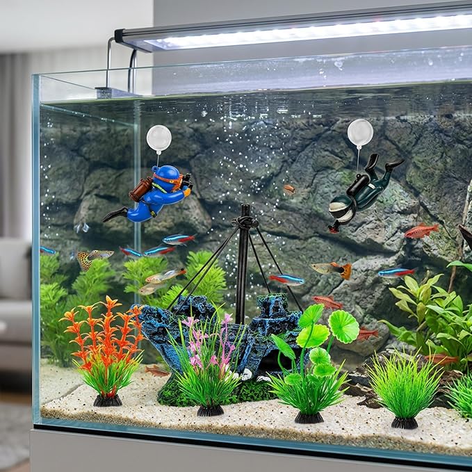 7 Pcs Aquarium Decor Set, Shipwreck Decoration Little Diver Floating Fish Tank Decoration Fish Tank Plants for Small Tank Driftwood Betta, Guppy & Shrimp