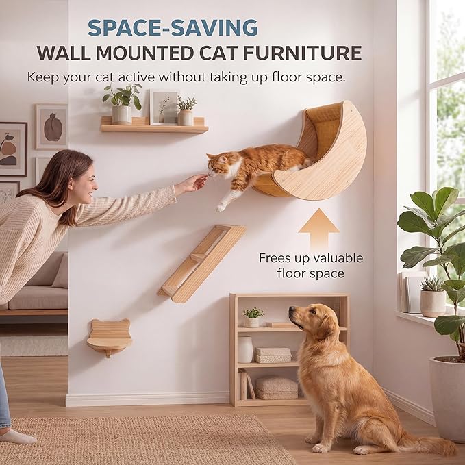 Cat Wall Shelves Set – Solid Wood Cat Wall Furniture with Moon Bed & Ladder, Wall Mounted Climbing Shelves for Indoor Cats, Space Saving Cat Gym Wall System (3pcs/Set)
