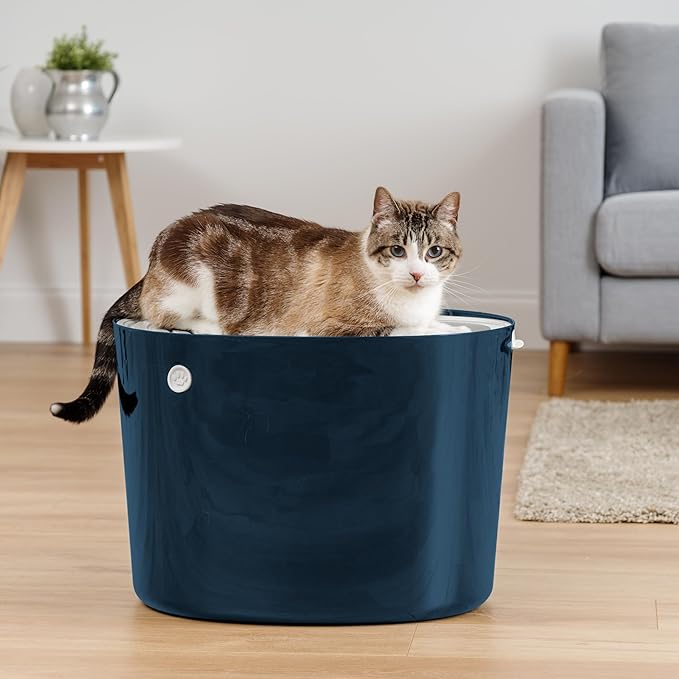 IRIS USA Cat Litter Box Large Top Entry with Lid Enclosed Covered Hooded Design Litter Catching Scatter Shield Pan Dog Proof Pet Proof Scoop Included Odor Control for Indoor Cats Kittens, Navy/White