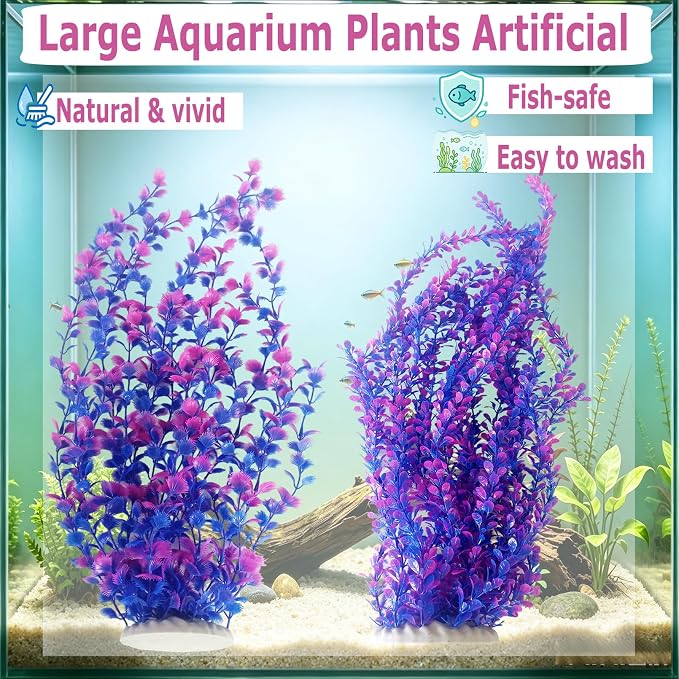2 PCS Artificial Plants for Aquarium,23" Tall Fish Tank Plant Decor | Large Freshwater & Saltwater Lifelike Soft Plastic Plant Fish Tank Accessories with Stable Base(Purple)