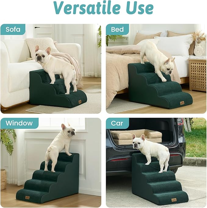 COZY KISS Wide Dog Stairs for Small Dog 22.6" H, Curved Pet Step for Puppy, Older Cat, Curved Ramp for High Bed or Car, Ladder with High Density Foam, Durable, 5 Step, 17.7x33x22.6 inch, Dark Green