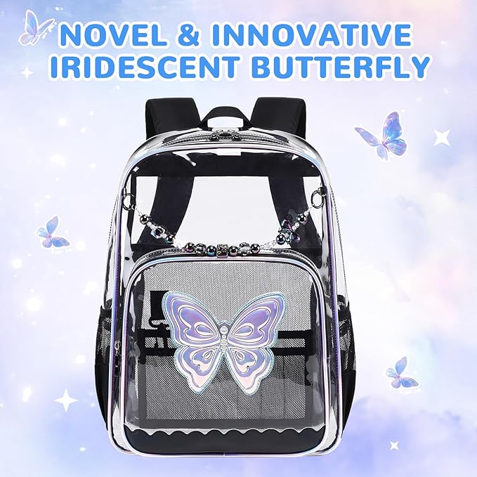 MUSEVOS Clear Backpack, Clear Bookbag for School PVC Heavy Duty Transparent Backpack for Girls, Black Butterfly