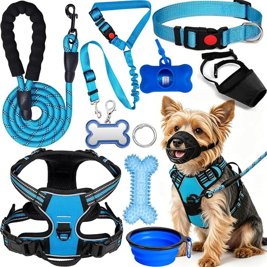 No Pull Dog Harness Adjustable Collar & Leash Set - Dog Halter Harnesses Collapsible Bowls & Poop Bag Dispenser Muzzle ID Tags Toys Fits Small Medium Large Dogs (Blue-S)