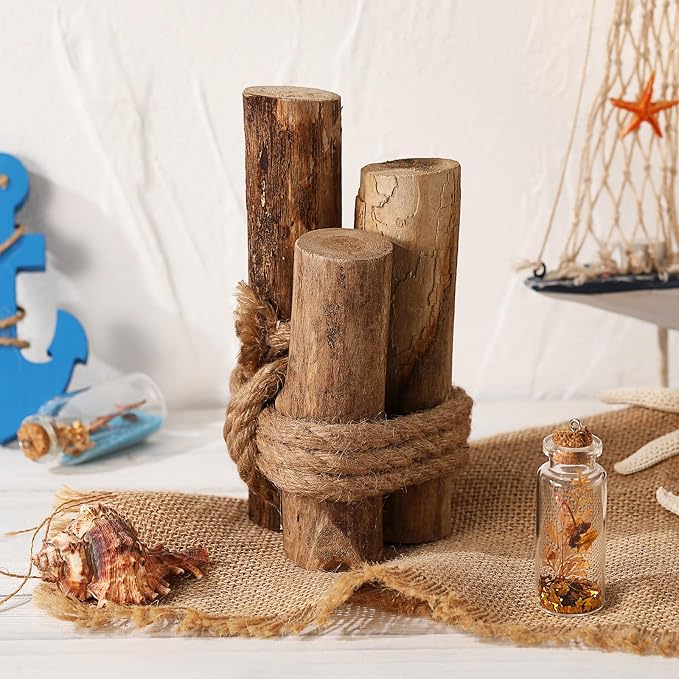 3 Pcs Driftwood Piling Rope Wrapped Coastal Nautical,Brown | Artificial Wood Pilings as Beach Centerpieces, Farmhouse Rustic Table Decor, Coastal Accents for Dining and Aquariums