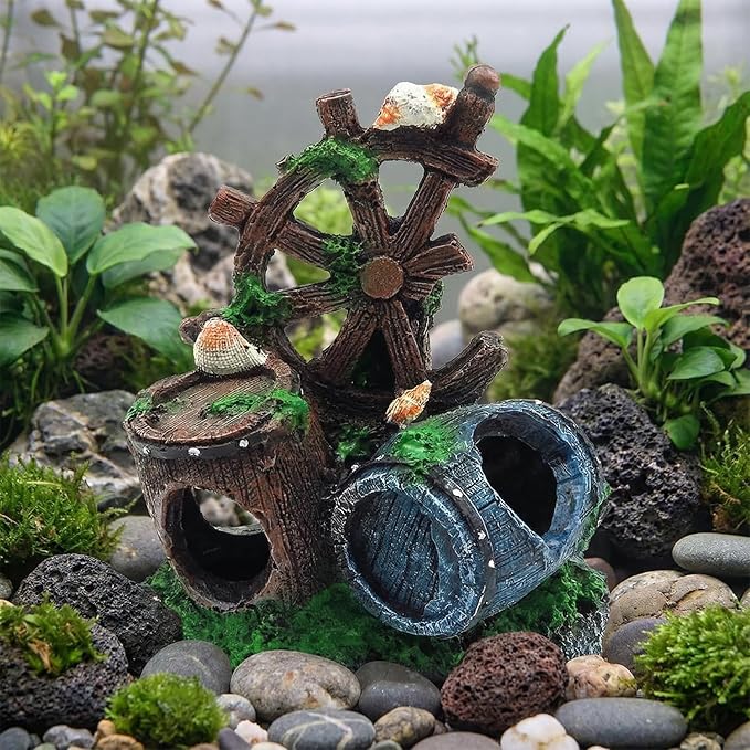 Mipukbay Fish Tank Decoration, Broken Ship Wheel & Cask Aquarium Decor Hiding Cave Ornament for Freshwater/Saltwater, Safe Landscaping Rock Resin Decoration for Betta Fish, Goldfish and Aquatic Pets
