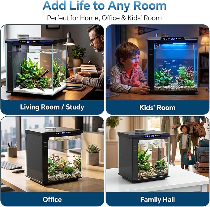 AQQA 7.88 Gallon Aquarium Starter Kit, Glass Fish Tank 3-Stage Filtration | Real-Time Temp Monitor, 4-Color Timed LED Light, Quiet Pump, Self Cleaning Desktop Tank for Betta Shrimp, Black