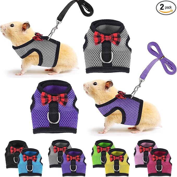 Guinea Pig Harness and Leash, Guinea Pigs Harness, Guinea Pig Leash, Hamster Harness can be Adjusted to Any Size Soft Mesh Harness Leash with Bow for Decoration (2packs)