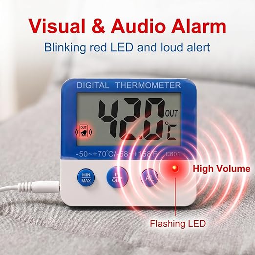 2Packs Fridge Freezer Digital Thermometer with Probe, Accurate Temperature Gauge with Built-in Default Frost Warning, Custom Alarm & Min Max Readings for Wine Cellar Aquarium Incubator Greenhouse (2)