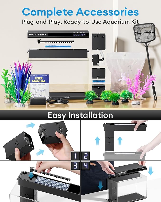 BUCATSTATE 2.6 Gallon Small Fish Tank, 3 Stage Filtration Aquarium (Black) | Independent Waste Compartment Aquarium, Quiet 3 in 1 Pump, Real-Time Temp Display, 8-Mode LED Light, Multi Safety Protection