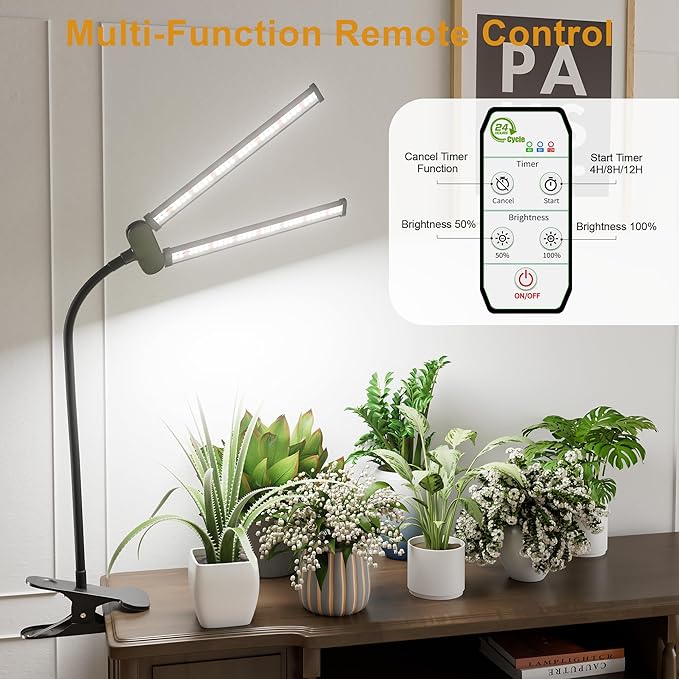LED Grow Light, 6000K White Full Spectrum Clip Plant Growing Lamp | with Rotatable Dual Head for Indoor Desk Plants,Dimmable & Timer 4/8/12H,High Power Output for Faster Growth,1-Head