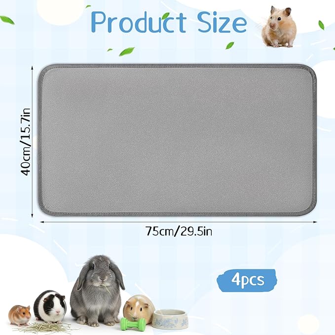 EupHHonycs 4 Pack Guinea Pig Cage Liners 16''X30'' Washable Guinea Pig Pee Pads Waterproof Reusable & Anti Slip Fleece Bedding Pads for Small Animals Bunny Rabbit Hamster, Gray