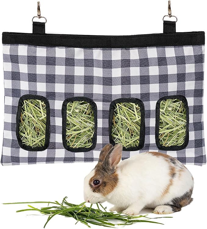Rabbit Hanging Hay Feeder Bag Large Capacity Small Animal Hay Dispenser 600D Oxford Cloth Rabbit Hay Storage Bag for Bunnies Guinea Pigs Chinchillas (Plaid)