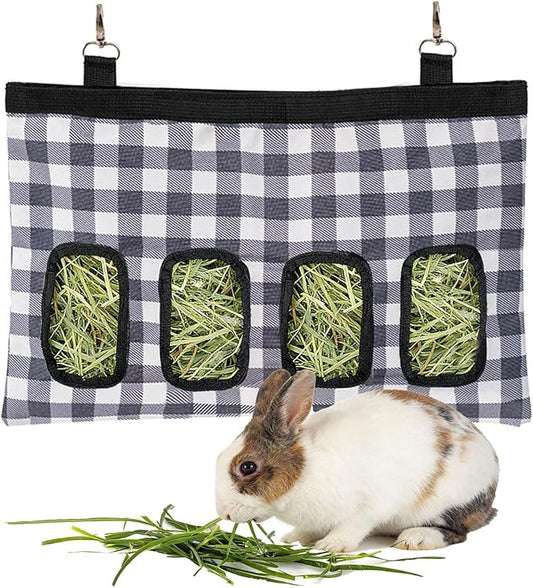 Rabbit Hanging Hay Feeder Bag Large Capacity Small Animal Hay Dispenser 600D Oxford Cloth Rabbit Hay Storage Bag for Bunnies Guinea Pigs Chinchillas (Plaid)