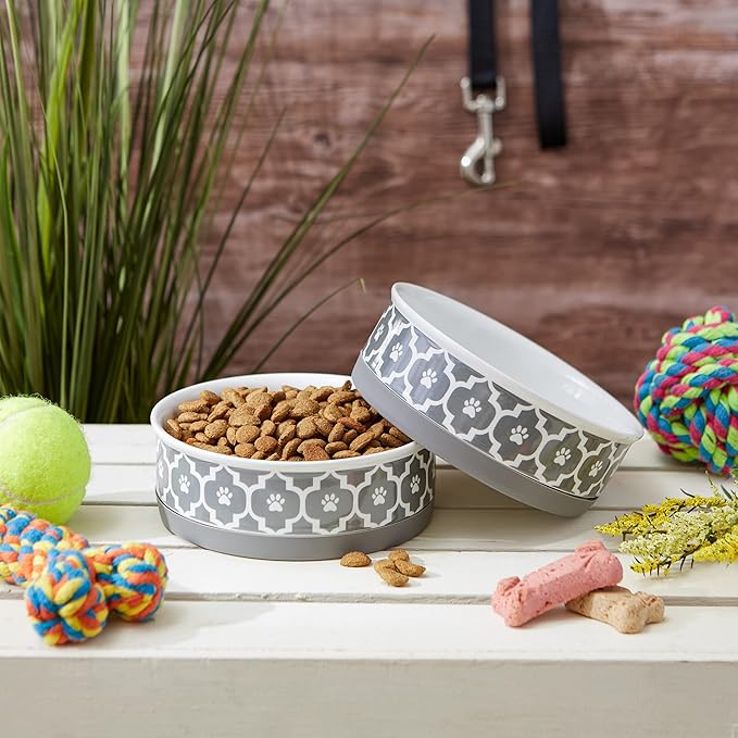 Bone Dry Paw Print Ceramic Pet Bowl, Lattice Collection, Medium Set, 6x2", Gray, 2 Count