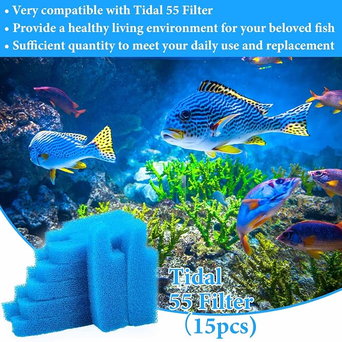 Threlaco 15 Pcs Aquarium Sponge Foam Filter Pads Compatible with Seachem Tidal Replacement Polishing Pad Fish Tank Filter Floss, Media for Crystal Clear Water(Compatible with Seachem Tidal 55,Blue)