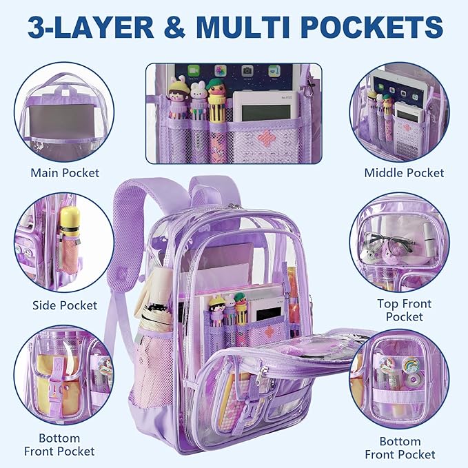 Clear Backpack with Pencil Case, Heavy Duty PVC Transparent Backpack with Oxford Cloth Bottom & Reflective Strips for Primary College Work Stadium Concert Festival