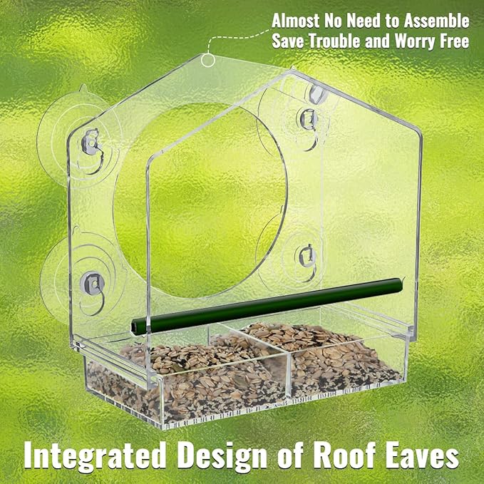 Window Bird Feeder - 4 Strong 2.36" Suction Cups - Clear Acrylic Birdhouse for Outdoors, Removable Tray, Birdwatching Gift for Parents