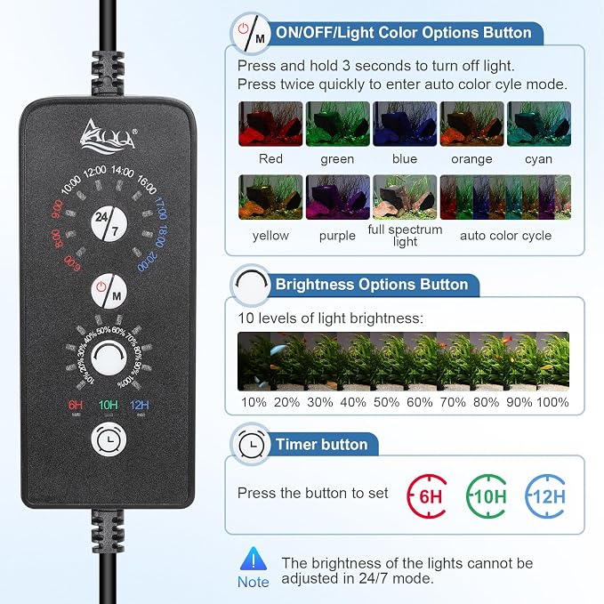 AQQA Clip On LED Aquarium Light with Timer, 24/7 Lighting Cycle Plant Light | 9 Light Colors, Adjustable Timer/Brightness, Adjustable Clamp, Memory Function, IP68 Waterproof, Fits 30–40 Inch Tanks