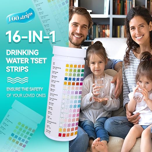 Drinking Water Testing Kits(100 Strips)-16 in 1 Well&Household Tap&Natural Water Quality Test with Hardness,Chlorine,Copper,Iron,Lead,pH,Etc.