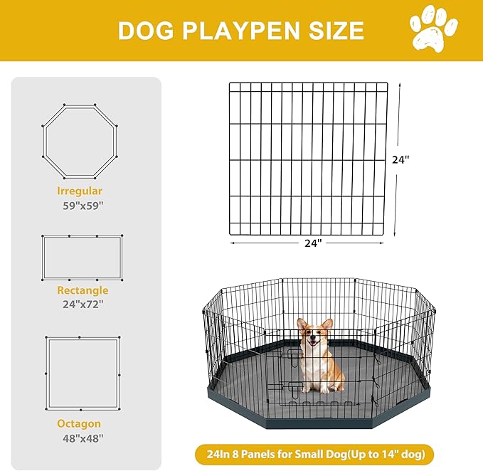 Dog Playpen, Foldable Metal Puppy Play Pen with Bootom Pad, 24x24in 8 Panels Dog Playpen with Door for Indoor Outdoor, Heavy-Duty Pet Exercise Fence for Small Medium Animals