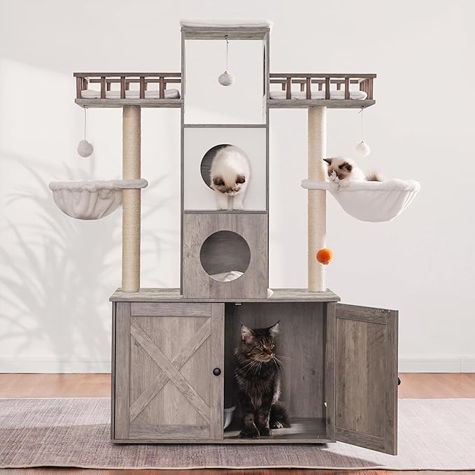 Heybly Cat Tree with Litter Box Enclosure for Indoor Big Cat, Cat Tower for Large Cats 20lbs Heavy Duty, Modern Cat Condo Furniture with Scratching Posts, Rustic Gray HCT110SG