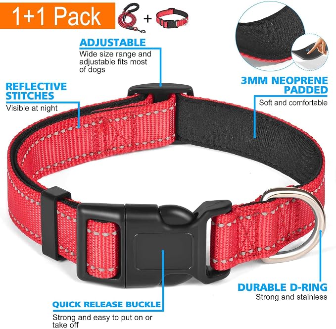 Ladoogo Reflective Dog Collar Padded with Soft Neoprene Breathable Adjustable Nylon Dog Collars for Small Medium Large Dogs (Medium (Pack of 1), Red Collar+Leash)