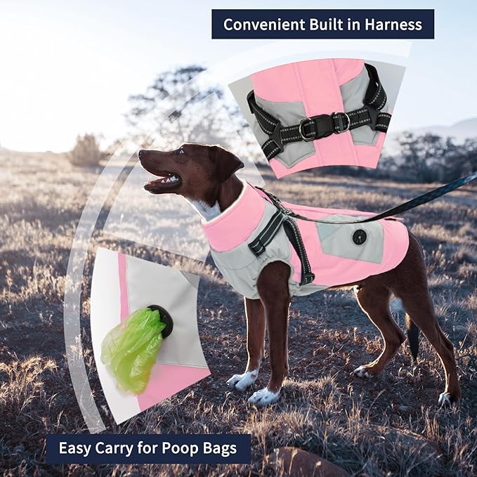 IECOii Large Dog Coat with Harness Built in,Reflective Waterproof Dog Coat for Giant Breeds - Zip Up Fleece Jacket for Dogs,Great Dane Winter Coats Warm Snowsuit for Cold Weather, Pink, 4XL