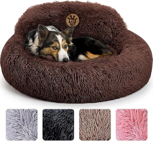 PetJett Calming Dog Bed Medium Size Dog - 30'' Donut Bed, Anti-Slip & Washable Super Soft Fluffy Plush Round Bed, Anti-Anxiety Premium Comfort Pet Bed, Fits Dogs up to 45 lbs - Brown