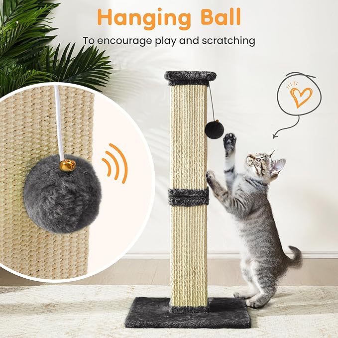 32" Tall Cat Scratching Post, Cat Scratcher with Heavy Duty Thick Wood Base, Cat Tower with Natural Sisal Rope and Hanging Ball, Plant-Like Design Scratching Post, for Small and Adult Kittens, Grey