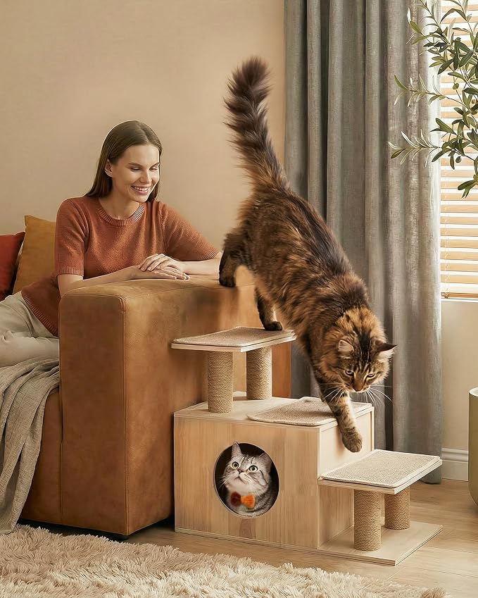 3-in-1 Pet Stairs for Cats, 7.87" Depth Pet Steps for Cat, Wood Cat Stairs for High Bed and Sofa, 1 Condo Cave, Scratching Post, Sturdy Indoor Pet Stairs with Non-Slip Carpet Pads
