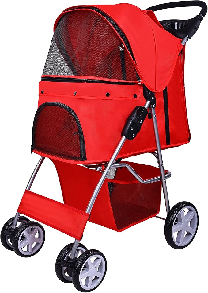 Elevon Pet Stroller, 4 Wheels Multifunction Dog Cat Stroller, Folding Portable Travel Stroller with Detachable Carrier, Suitable for Medium Small Dogs Cats, Red