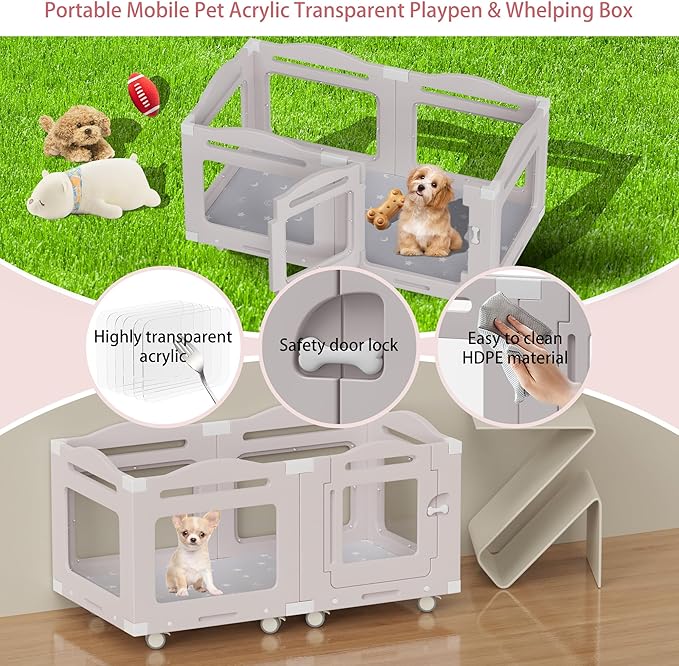 Acrylic Dog Playpen, Indoor Whelping Box with Pet Stroller, Puppy Playpen for Small Medium Pets, Cat Rabbit & Puppies, 6-Panel with Bottom Panel, 8 Wheels, Safe, Sturdy, Apricot Gray