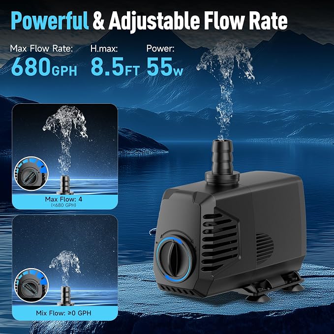680GPH Submersible Water Pump, Water Fountain (2400L/H, 55W) with 8.5FT High Lift Adjustable & 3 Nozzles & 16.4FT Cord, Ultra Quiet Aquarium Pump for Pond Fountain Waterfall Hydroponics-Q104