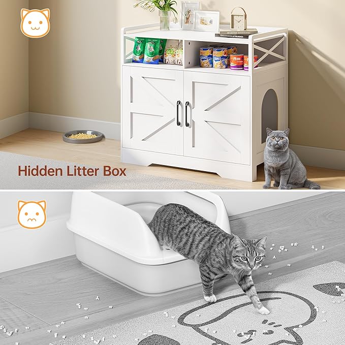 OtterOasis Cat Litter Box Enclosure, Ultra-Large Hidden Litter Box Furniture with Top Opening, Anti-Tipping Fence and 2 Open Drawers, Litter Box Cabinet End Table, White