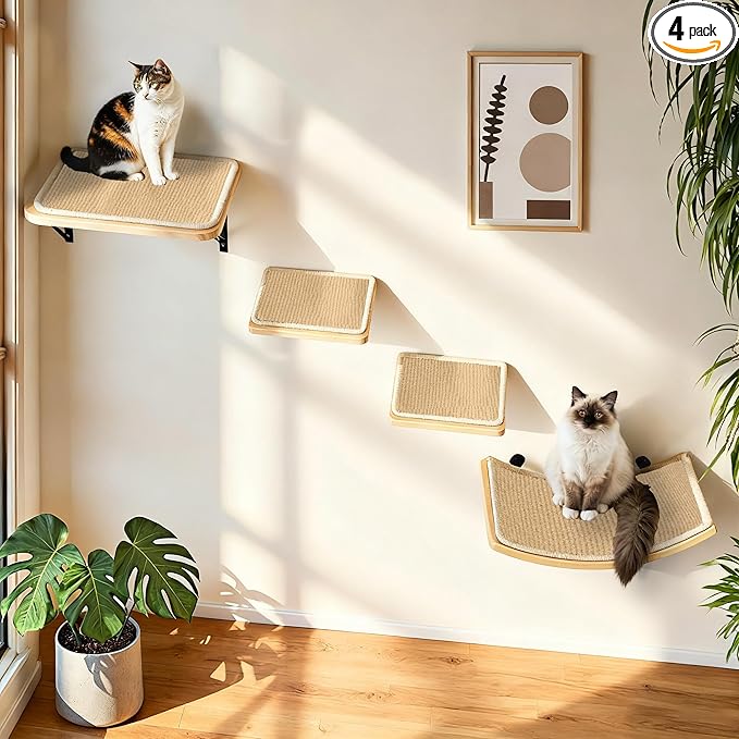 Cat Wall Shelves with Sisal Pads, 4-Piece Wooden Cats Furniture Set with Cat Window Perch, Flat Shelf & Sisal-Clad Steps for Climbing and Scratching