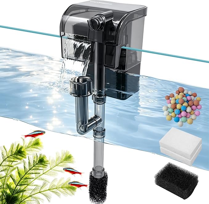 Hang On Back Aquarium Filter Up to 5 gallon Small Slim Fish Tank Filter | Oil Removal Design,Upgraded 3-Stage Filtration,Adjustable Flow Rate,USB Aquarium Filter for Betta Shrimp tanks