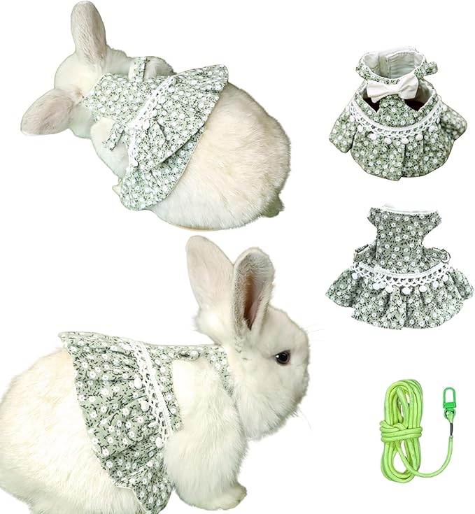 SMOLKITH Rabbit Clothes - Bunny Adjustable Green Floral Dress with Leash, Small Animal Apparel for Walking - Fits Guinea Pigs, Chinchillas, Meerkats, Prairie Dogs, Pet Rats and More