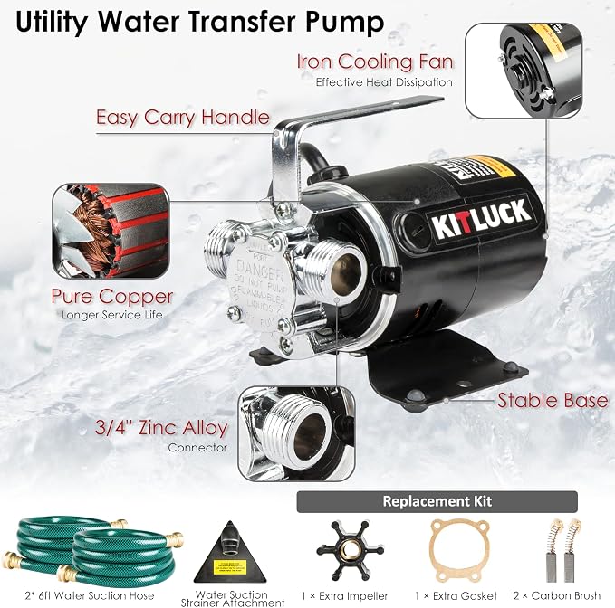 Water Transfer Pump, 115V 1/10HP 330GPH Utility Water Pump Electric With 2 * 6ft Suction Hose, Portable Small Water Pump For Pool Draining, Removing Water From Rain Barrel, Aquariums, etc.