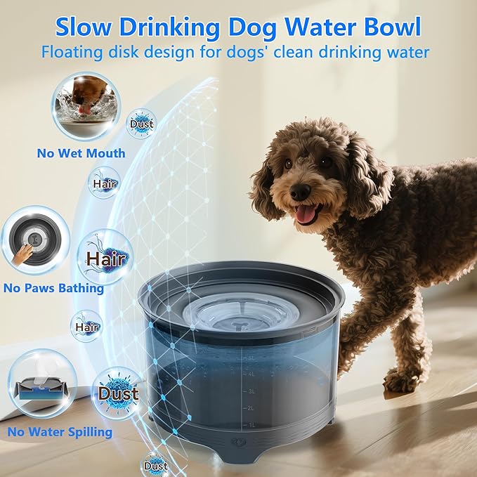 5.5L No Spill Water Bowl for Dogs, 1.45Gallon No Splash Large Dog Water Bowl with Floating Disk, Spill Proof Slow Drinking Dog Bowl for Messy Drinkers and Senior Dogs Indoor/Outdoor Use Gray
