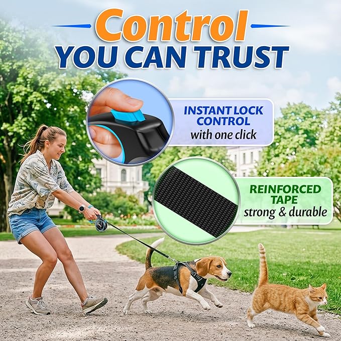 16.4 ft Retractable Dog Leash for Dogs 10–120 lbs - Heavy Duty Tape Leash with Strong Nylon Tape - 360° Swivel Control - One-Click Brake & Lock - Ergonomic Non-Slip Grip for Safe & Easy Daily Walks