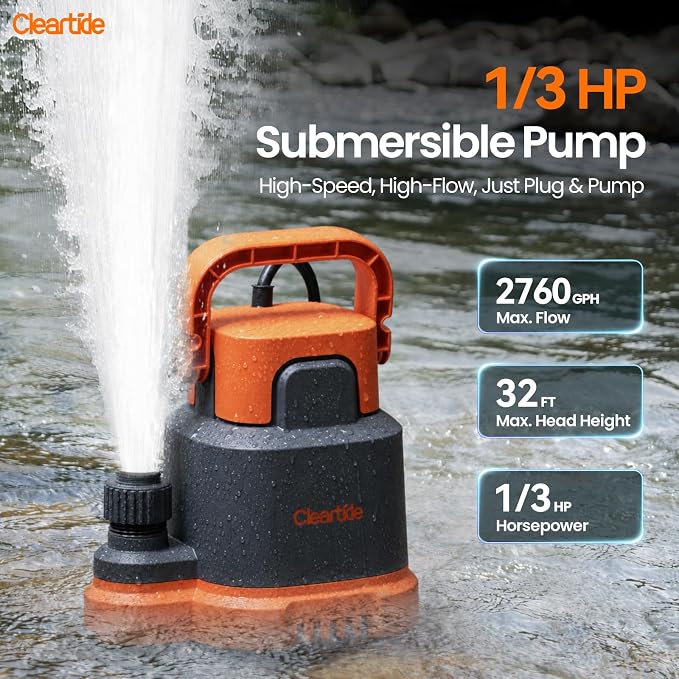 Submersible Utility Water Pump, 2760 GPH Portable Sump Pump with Copper Motor, Plug and Work for Pond, Garden Watering, Pool Transfer, Hot Tub Emptying