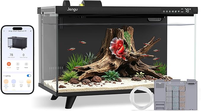 M1 5 Gallon Aquarium Starter Kit, App Control Smart Fish Tank with Filter, Auto Feeder, Quiet Pump, Timer Light, Temp Display, Crystal-Clear Glass Desktop Betta Tank for Guppy Shrimp, Black