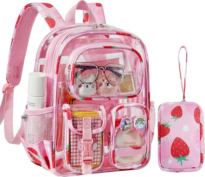Mini Clear Backpack for Stadium Approved 12x6x12, Small Transparent Backpacks Plastic See Through Clear Bag for Kids Girls Women for Sporting Event, Concerts, Work, Festival (Strawberry)